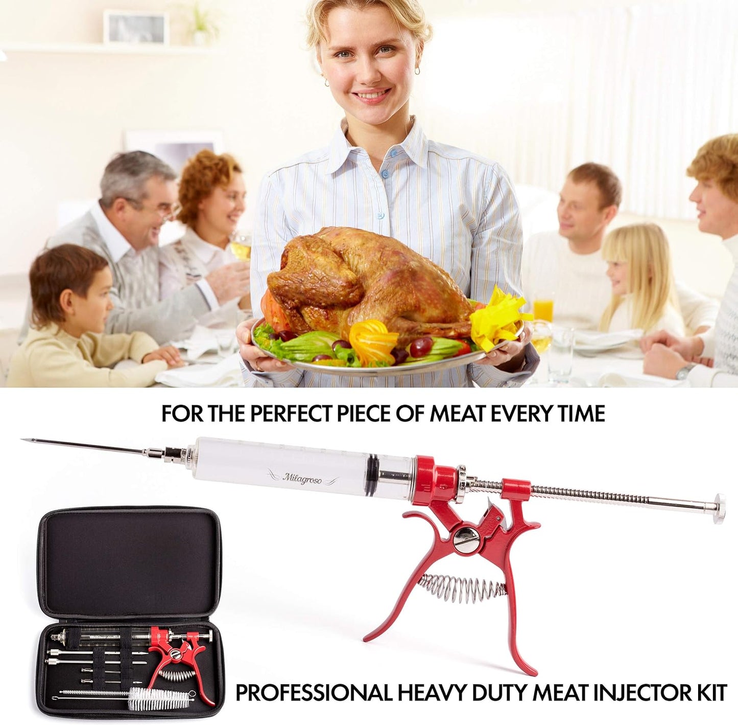 Meat Injector Marinade Gun Stainless Steel Outdoor Kit Flavor Food Syringes & 4 Marinades Needles for BBQ Grill Smoker Injectors Professional Syringe Held Culinary Barbecue Tool