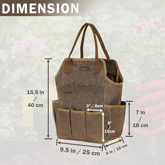 Canvas Garden Tool Bag, 16OZ Waxed Canvas Garden Tools Storage Tote - with 3 Inner Slots + 8 Outer Pockets, Multi-Functional Tool Organizer Bag for Gardener Florist Workshop, Grey, 9.5 x 6 x 15.5 In