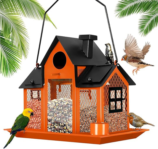 Solar Bird Feeders House for Outside Hanging, Metal Wild Bird Feeder for Outdoors Large Capacity Cardinal Birdfeeder Birdhouses Metal Bird Feeding Station Orange