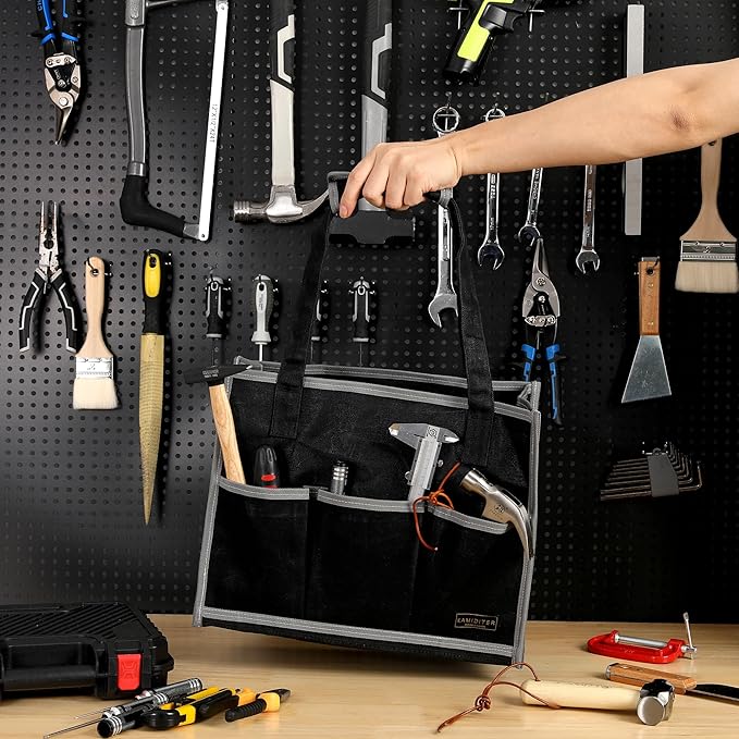 Waxed Canvas Tool Pouch,1 Large Capacity Pocket & 14 Pockets Garden Tool Storage Bag, 14.5 X 6.5 X 11 inch Muti-Purpose Tool Bag with Padded Handle | Black