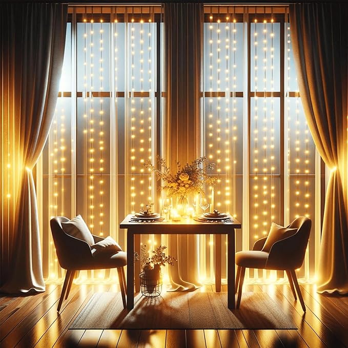 echosari Curtain Lights Battery Operated 200 LED Curtain Fairy Lights 6.6×6.6ft with Remote Timer Outdoor Wall Light Fully Waterproof for Wedding Backdrops Bedroom Decor (Warm White)