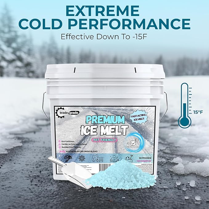 Pet-Friendly Ice Melt - Fast-Acting Magnesium Chloride Formula, Safer for Pets & Surfaces, 45lb Bucket with Scoop