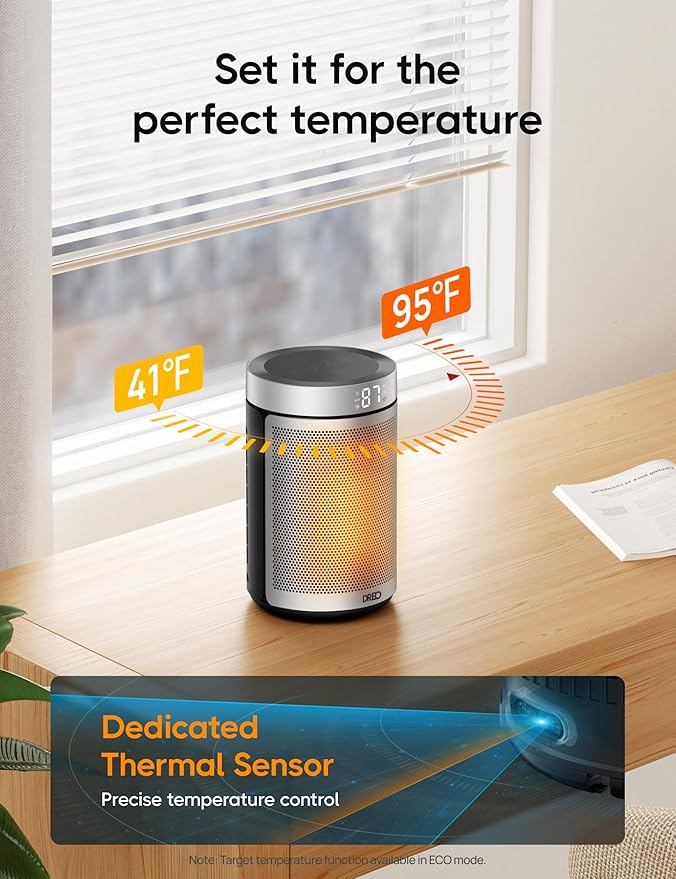 DREO Space Heater, Portable Electric Heaters for Indoor Use with Thermostat, 1-12H Timer, Eco and Fan Mode, 1500W PTC Ceramic Safety Heat for Office Bedroom Home, With Remote, Silver