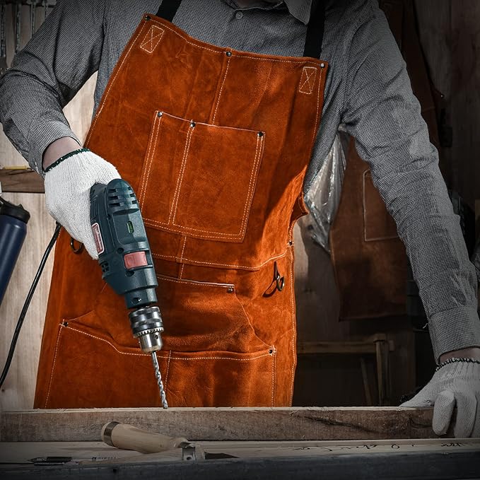 LeaSeek Leather Welding Apron - Flame and Heat Resistant Bib Apron with 6 Pockets