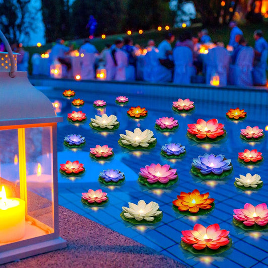 Liliful 36 Pcs Diwali Lotus Decoration Floating Lights Lotus Artificial Floating Flowers for Pool with LED Lights Battery Operated for Indian Puja Ganesh chaturthi Diwali(3.94, 5.91 Inch,Rich Color)