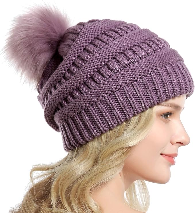 QUEENFUR Women Knit Slouchy Beanie Chunky Baggy Hat with Faux Fur Pompom Winter Soft Warm Ski Cap