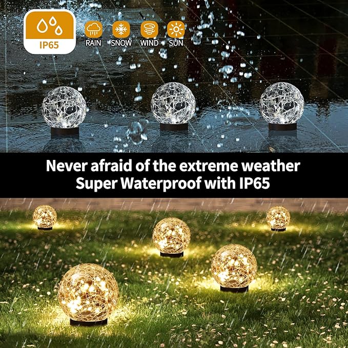 Solar Globe Lights Outdoor Waterproof-Solar Balls Garden-Cracked Glass Ball Solar Lights Outdoor-Solar Orbs Outside-Outdoor Decorations Patio & Yard Lawn Backyard Decor (GUO-XBQ-5-5-5)