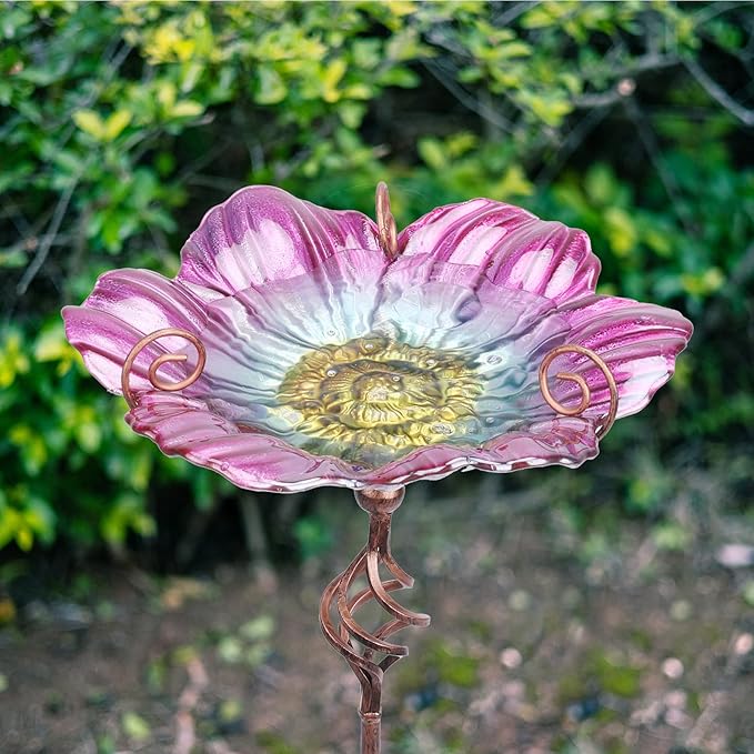 MUMTOP 31 Inch Height Glass Birdbath Birdfeeder with Metal Stake Garden Yard Outdoor Pink