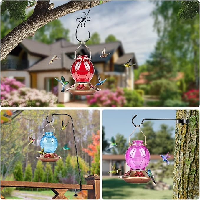 BOLITE Hummingbird Feeders for Outdoors Hanging, Glass Hummingbird Feeder, Wild Bird Feeder with Five Feeding Ports, 20 Ounces, 2 Pack, Purple and Blue, Birthday Gifts for Women Men, Gifts for Mom Dad