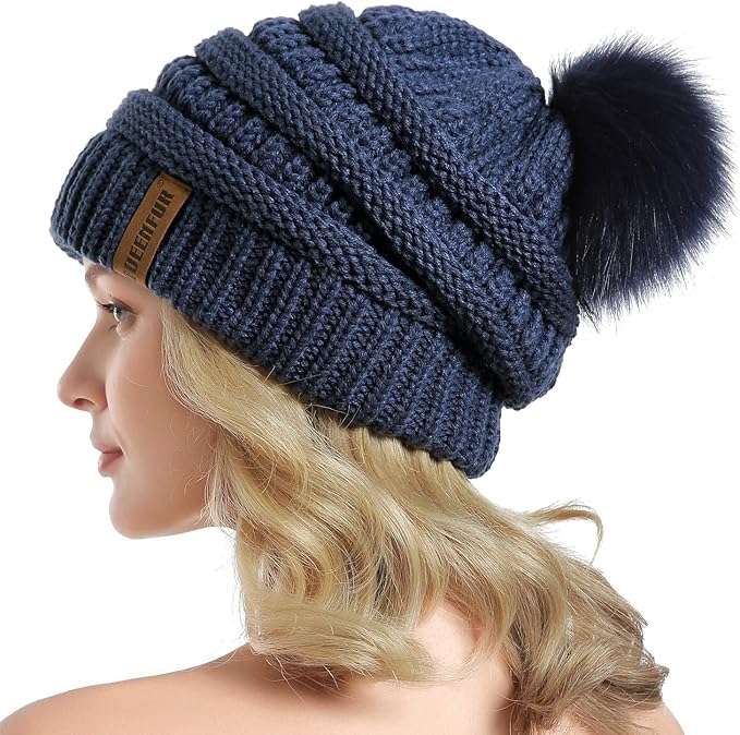QUEENFUR Women Knit Slouchy Beanie Chunky Baggy Hat with Faux Fur Pompom Winter Soft Warm Ski Cap