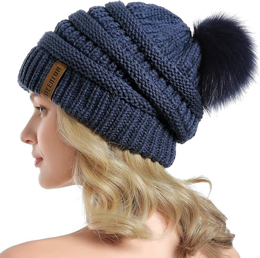 QUEENFUR Women Knit Slouchy Beanie Chunky Baggy Hat with Faux Fur Pompom Winter Soft Warm Ski Cap