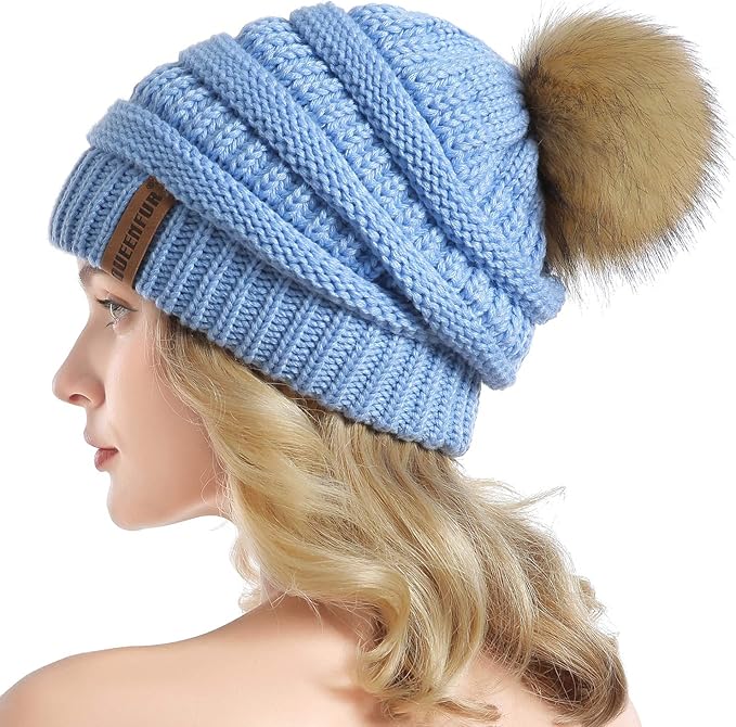 QUEENFUR Women Knit Slouchy Beanie Chunky Baggy Hat with Faux Fur Pompom Winter Soft Warm Ski Cap