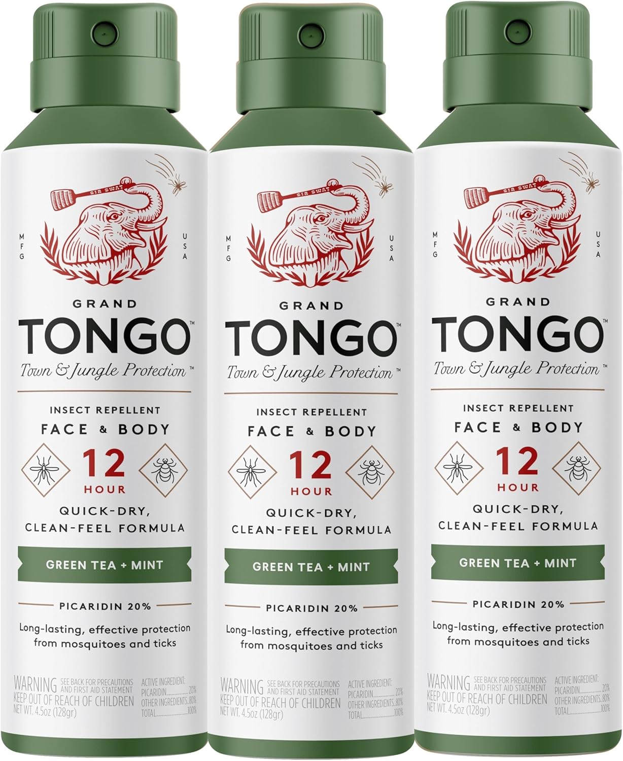 Green Tea + Mint Insect Repellent, 12-Hour Mosquito & Tick Protection, Picaridin-Based, Water-Based, Lightweight, Quick-Drying, Vanishing Scent, DEET Alternative, Face & Body Use, 3 Pack