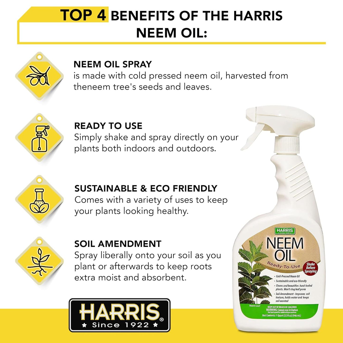 HARRIS Neem Oil Spray for Indoor and Outdoor Plants, Cold Pressed Ready to Use, 20oz
