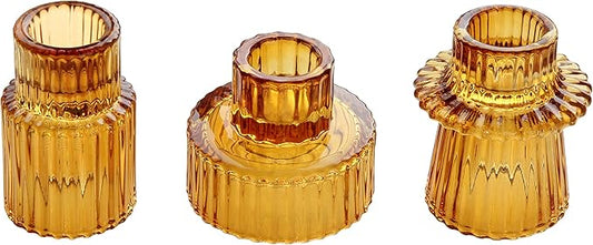 Vixdonos Taper Glass Candlestick Holders Tealight Candle Holders for Table Centerpieces, Wedding Decor and Dinner Party (3 Pcs, Amber)