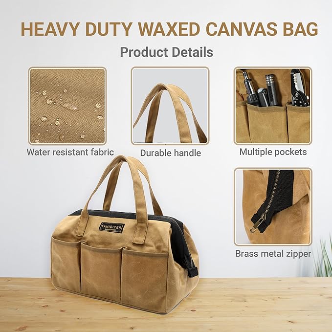 Tool Tote, 13-inch Heavy Duty Waxed Canvas Wide Mouth Tool Bag, Open Top tool Pouch with Handle for Tools, Wrenches, Screwdrivers (13 X 7 X 9 inch) | Khaki