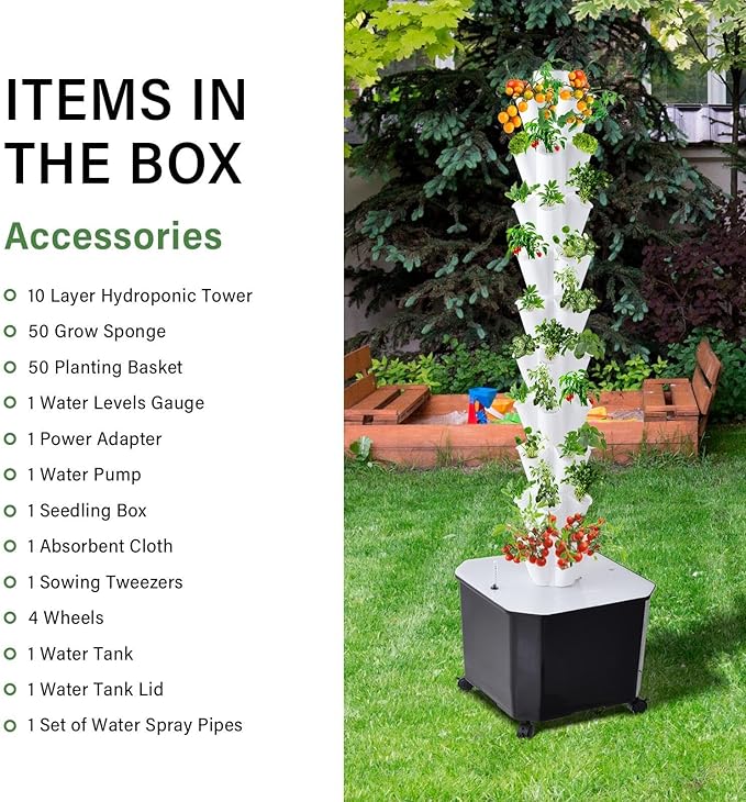 10 Tier 50 Plant Sites Hydroponic Garden Tower Vertical Planting Kit – Large Tank Indoor Outdoor HerbVegetable Garden System with Automatic Water Circulation Timer for Lettuce Tomatoes Fruits