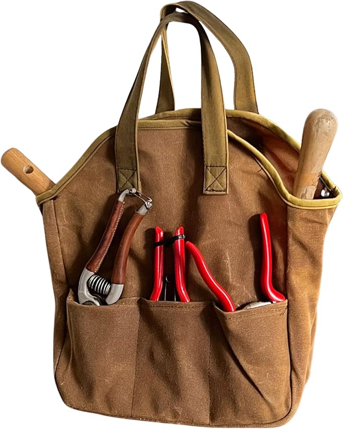 Garden Tool Bag - 12x14” Heavy Duty Waxed Canvas Tote Bag Caddy with 6 Interior and 3 Exterior Pockets for Organizing Gardening Tools - Gardening Gifts for Women and Men by Kings County Tools