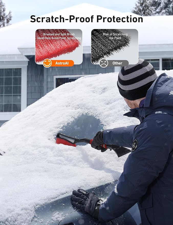 AstroAI 2 Pack 27" Snow Brush and Ice Scrapers for Car Windshield, Detachable Snow Scrapers with Ergonomic Foam Grip for Cars, Trucks, SUVs (Heavy Duty ABS, PVC Brush, Orange)