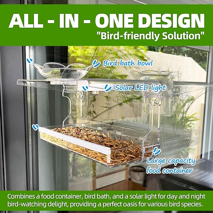 Window Bird Feeder with Non-Marking Self-Adhesive Hooks, Clear and Transparent, Outdoor Wild Bird Watching Gift, Garden Decor (with Solar Light)