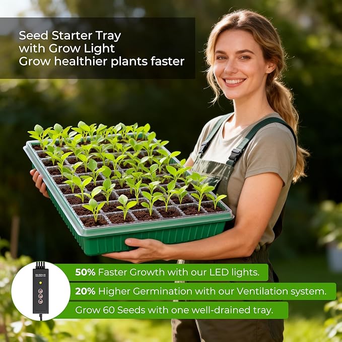 120 Cells Seed Starter Tray with Grow Light, Smart Timer， Seedling Starter Kit with Humidtiy Dome, 3/6/12H Timer，Germination Kit For all plants including cucumbers, tomatoes etc.Plant Seed（2Pack ）
