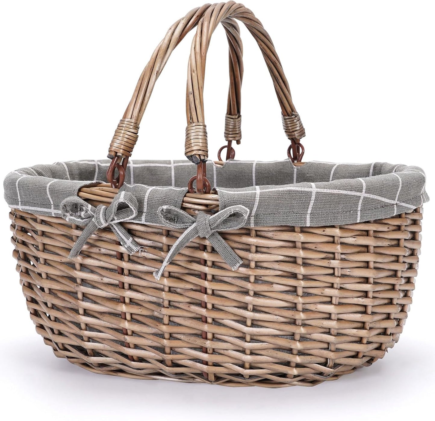 G GOOD GAIN Oval Picnic Basket with Folding Handles, Willow Hand Woven Shopping Basket, Bath Toy Kids Toy Storage Gift Packing Basket, Wicker Empty Easter Eggs and Candy Small Gift Basket.GreyCheck