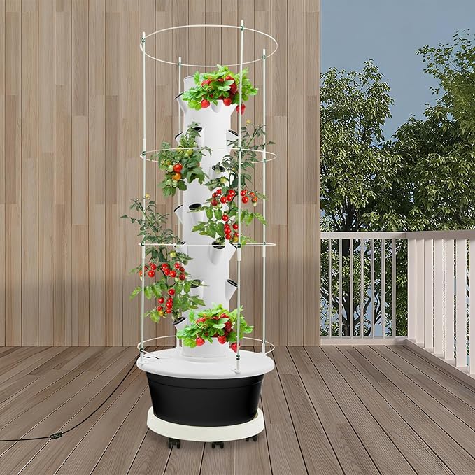 Hydroponic Growing Tower with Climbing Trellis, 30L Water Tank & Automatic Timer, Indoor Outdoor Vertical Garden System for Vegetables Herbs Strawberries (Black - 28 Holes)