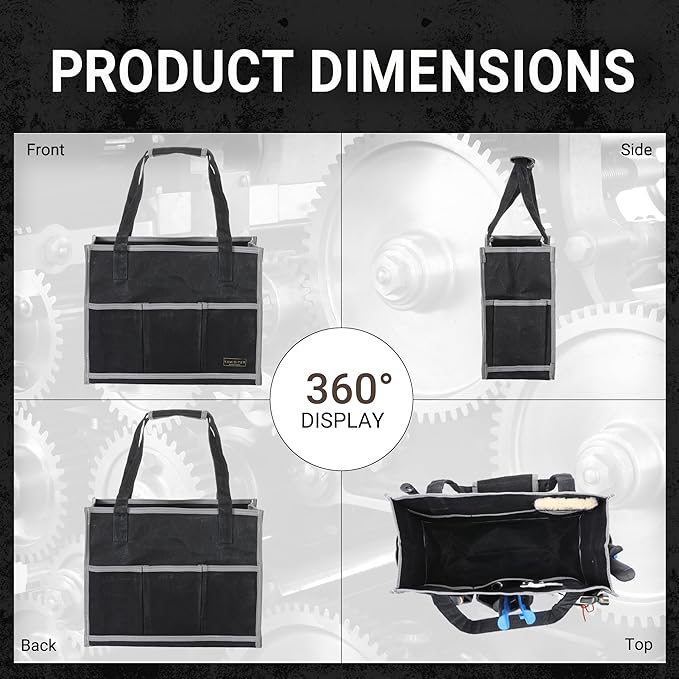 Waxed Canvas Tool Pouch,1 Large Capacity Pocket & 14 Pockets Garden Tool Storage Bag, 14.5 X 6.5 X 11 inch Muti-Purpose Tool Bag with Padded Handle | Black