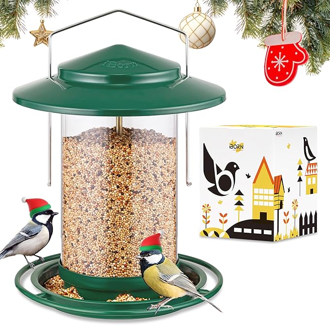 iBorn Metal Bird Feeders for Outdoors Hanging,Wild Bird Feeders for Cardinal,18cm Large Roof&Tray New Green 6 Port (Seed is not Included)