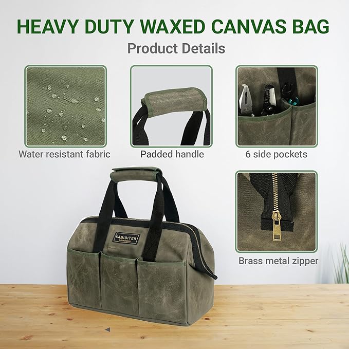 15 Inch Tool Bag, Heavy Duty Wide Mouth Water-Resistant Tool Bag, Tool Tote with Handle for Tools, Wrenches, Screwdrivers (15 X 7.8 X 11.5 inch) | ArmyGreen