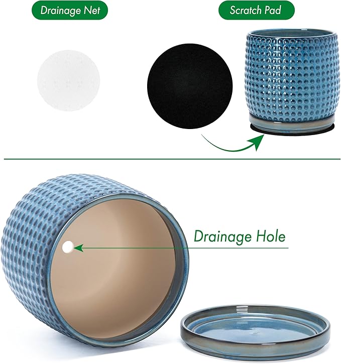 D'vine Dev 10 Inch Ceramic Beaded Stoneware Planter Pot - Flower Pot with Drainage Holes and Saucers for Indoor Succulent Plants or Flowers, Ocean Teal, 27-C-P-8