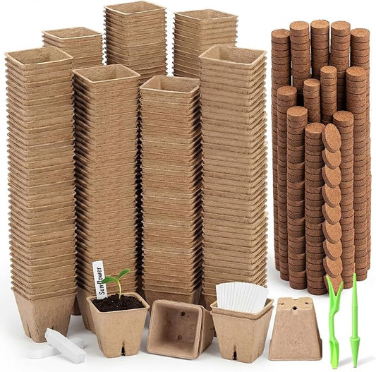500 Sets Seedling Starter Kit with Square Peat Pots 2.36", Organic Coco Coir Pellets 30 mm, Labels, and Transplant Tools, Biodegradable Nursery Pot with Drainage Hole Potting Soil for Plants