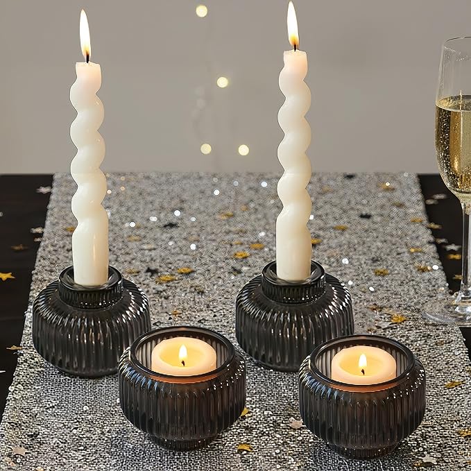 Kate Aspen Taper Candle Holders for Candlesticks, Smoke Grey Ribbed Glass Candlestick Holders Set of 4 - Candlestick Stand Decor, Fall Home Decor Accents, Modern Centerpieces, Black Candle Holder