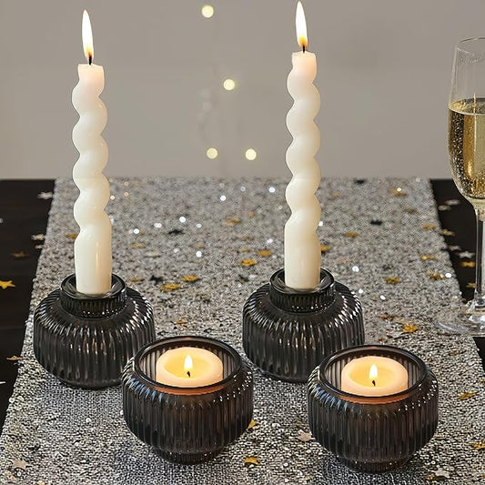 Kate Aspen Taper Candle Holders for Candlesticks, Smoke Grey Ribbed Glass Candlestick Holders Set of 4 - Candlestick Stand Decor, Fall Home Decor Accents, Modern Centerpieces, Black Candle Holder