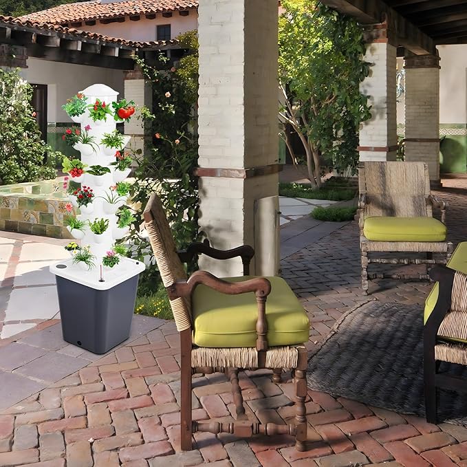 Hydroponic Growing Tower with 10L Tank, 6 Layers 30 Plants Indoor Outdoor Hydroponics Growing System, Soilless Cultivation Herbs Fruits Vegetables Vertical Planter Tower Garden Set Black US