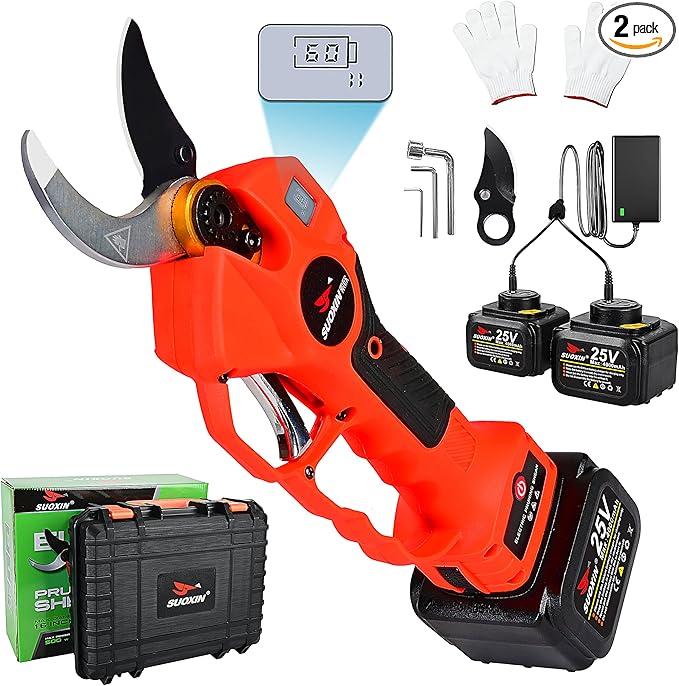 25V Electric Pruning Shears, Suoxin 1.6" Cutting diameter Brushless Cordless Tree Pruner with LCD Display, 2×4.0Ah Batteries, SK5 Blade – Professional Garden Tool for Thick Branches