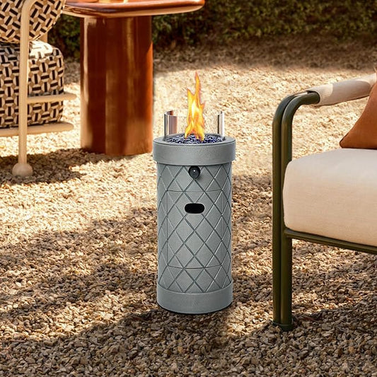 1 lb Column Propane Fire Pit, 10,000 BTU Gas Fire Pit, Outdoor Firepit for Patio w/Wind Glass Shield, Glass Rocks