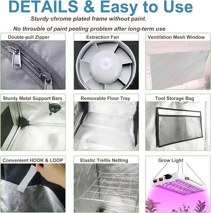 Grow Tent Kit Complete 4 x4 ft High Reflective Mylar Hydroponics Indoor Plant Growing Tent with LED Grow Light,Carbon Filter,Ventilaion Fan,Hydroponics Growing System+Accesseries (4 x 4 x 6.6 FT)