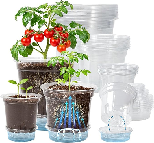 18 Pack 6.5/5/4 Inch Clear Self Watering Plant Pots with Bottom Water Tray & Watering Rope, Transparent Nursery Pots with Drainage for Seedlings, Herbs, and Houseplants