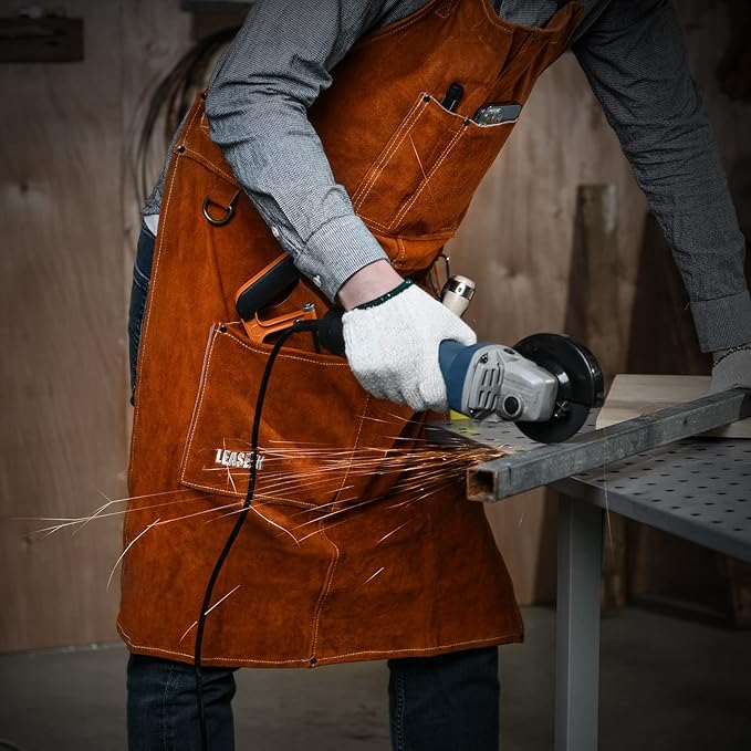 LeaSeek Leather Welding Apron - Flame and Heat Resistant Bib Apron with 6 Pockets