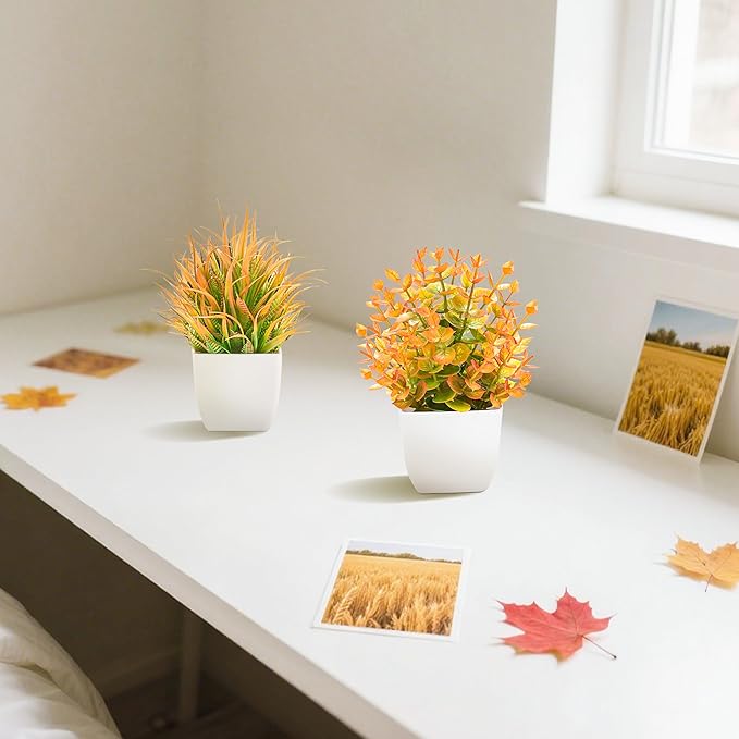 Der Rose 2 Pack Small Fall Fake Plants Mini Artificial Potted Plants Fall Table Office Decor for Home Desk Bathroom Decoration