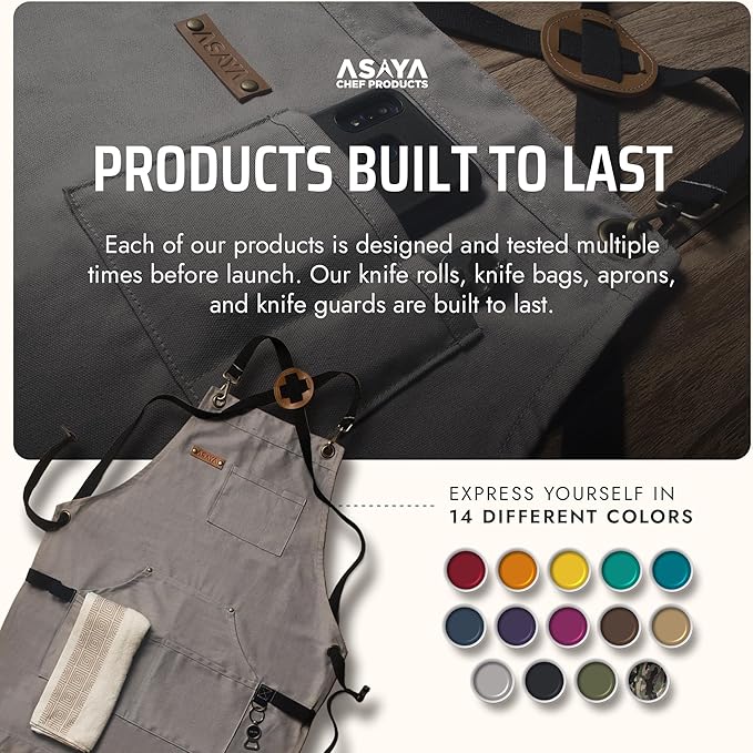 Asaya Chef and BBQ Apron with Bottle Opener and Hand Towel - 10oz Cotton Canvas, Stainless Steel Hardware - Cross Back Straps