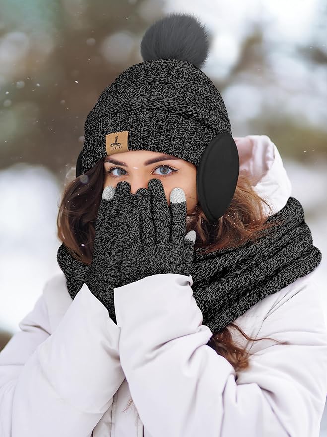 Winter Hat Scarf Gloves and Ear Warmer, Warm Knit Beanie Hat Touch Screen Gloves Set Winter Gifts Neck Scarves for Women