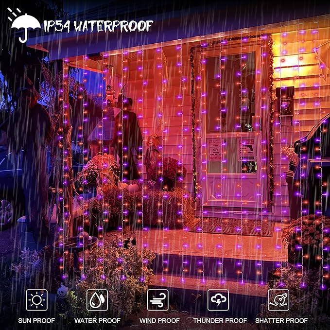 echosari Halloween Curtain Lights Battery Operated, 300 LED Purple Orange Fairy Curtain Lights 9.8Ft x 9.8Ft Hanging Lights with Remote Timer for Party Garden Yard Decor