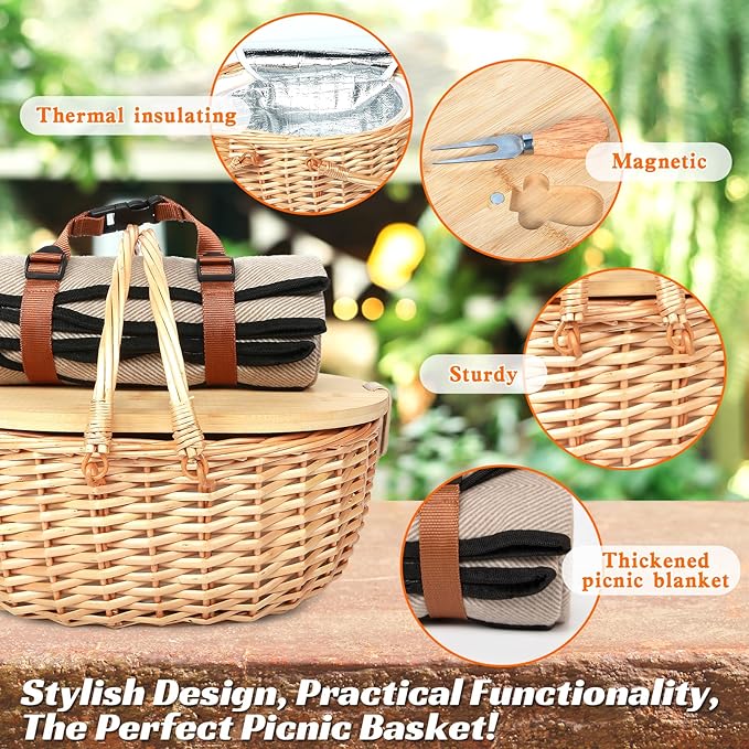 Hap Tim Dual Wicker Picnic Basket Set with Blanket for 2 - Unique Gifts Ideas for Couple, Engagement, Wedding, Bridal Shower, Family, Christmas - White Elephant Gifts for Adults（Y2408A-2）