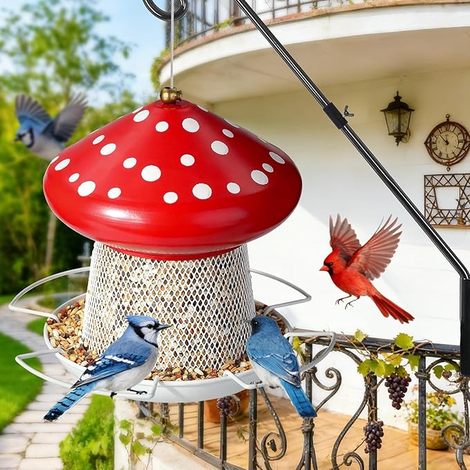 Bird Feeder, Heavy Duty Metal Bird Feeders for Outdoor Hanging, Cute Mushroom Shape 3.5 LB Large Capacity Wild Birdfeeder for Outside Garden Yard (Red)