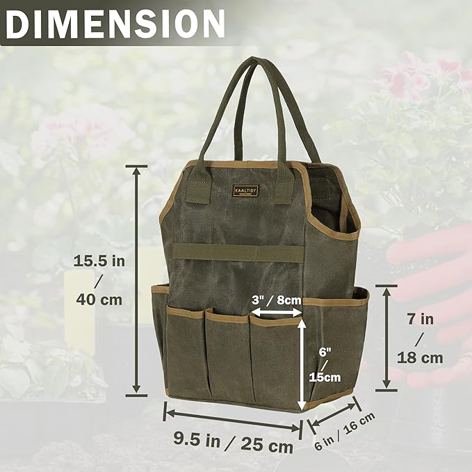 Tool Bag, Heavy Duty 16oz Waxed Canvas Garden Tool Tote - with 3 Inner Slots & 8 Outer Pockets, Multi-Purpose Gardening Tool Storage Bag for Gardener Florist Workshop - Army Green