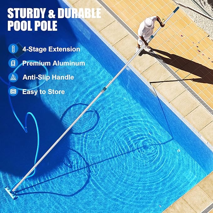 Professional 16 Foot Telescopic Aluminum Swimming Pool Pole - Attach Connect Skimmer Nets, Rakes, Brushes, Vacuum Heads Cleaning