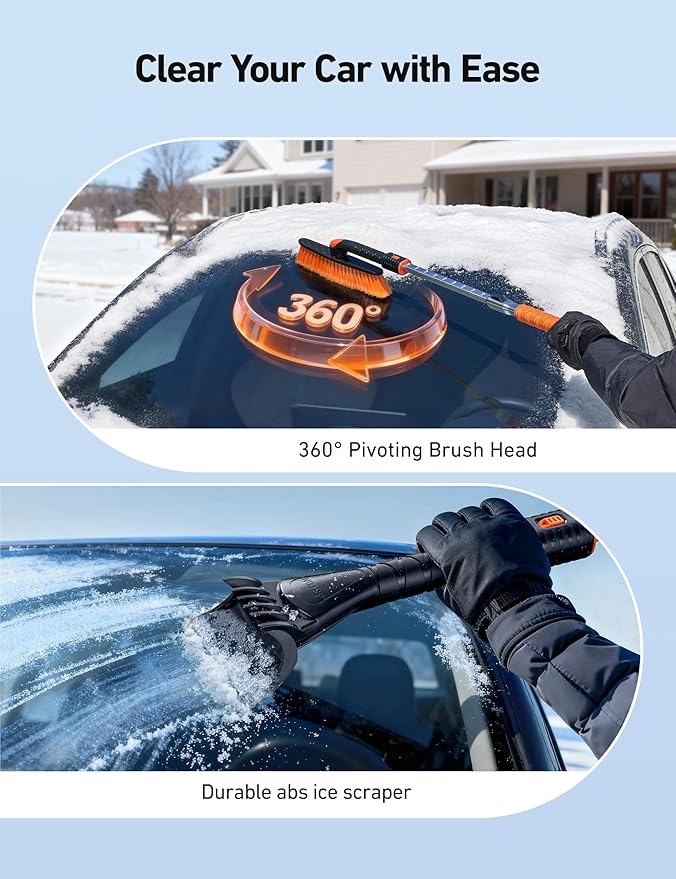 AstroAI 62.4" Ice Scrapers for Car Windshield and Extendable Snow Brush with Foam Grip and 360° Pivoting Brush Head for Christmas Car Auto Truck SUV(Orange)