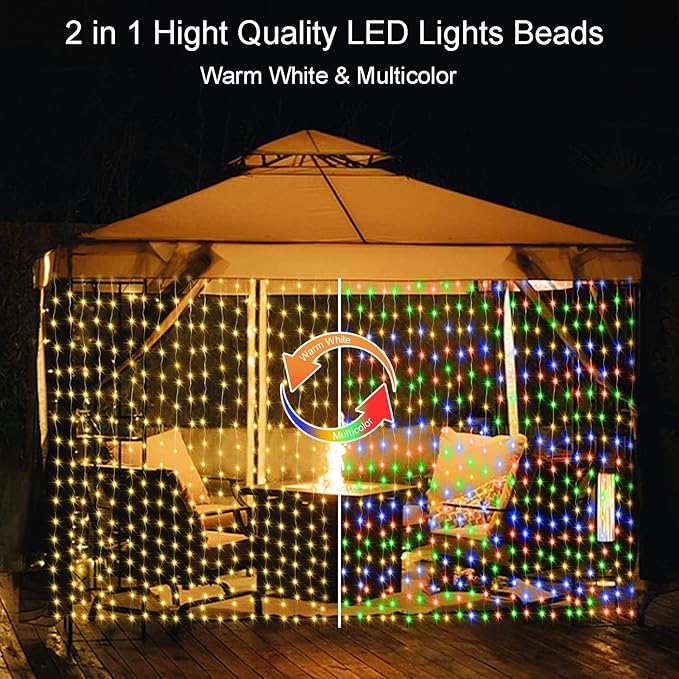 300 LED Fairy Curtain Lights 2 Color Changing, 9.8Ft x 9.8Ft Hanging Lights Battery Operated with Hooks, Outdoor Curtain Light Waterproof for Party Backdrop Patio Decorations (Warm White & Color)